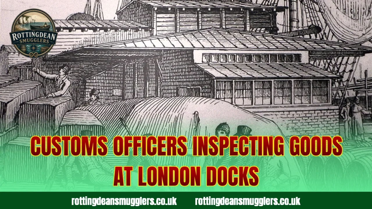 Customs officers inspecting goods at London docks