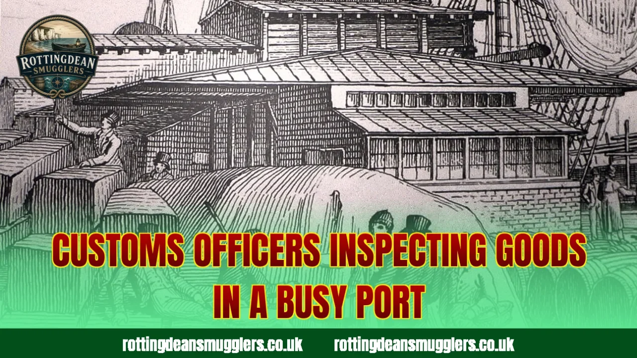 Customs officers inspecting goods in a busy port