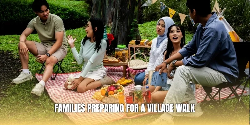 Families preparing for a village walk