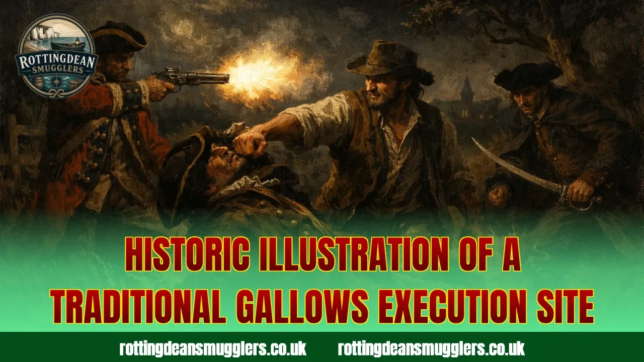 Historic illustration of a traditional gallows execution site