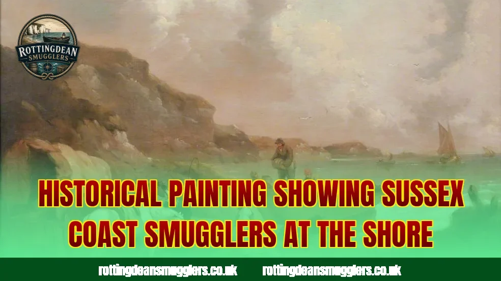 Historical painting showing Sussex coast smugglers at the shore