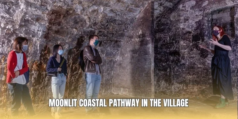 Moonlit coastal pathway in the village