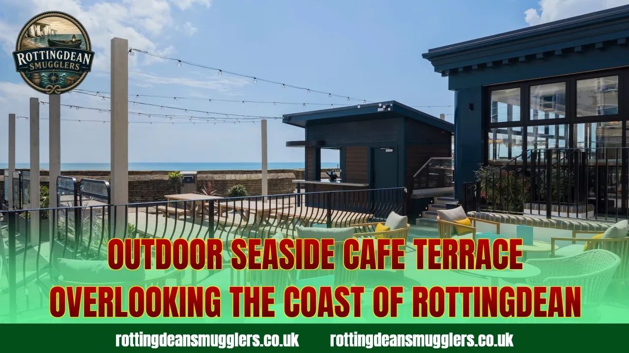 Outdoor seaside cafe terrace overlooking the coast of Rottingdean