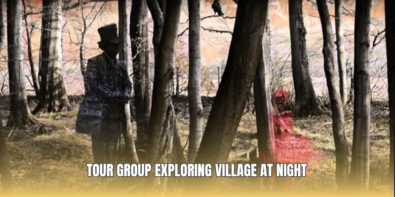 Tour group exploring village at night