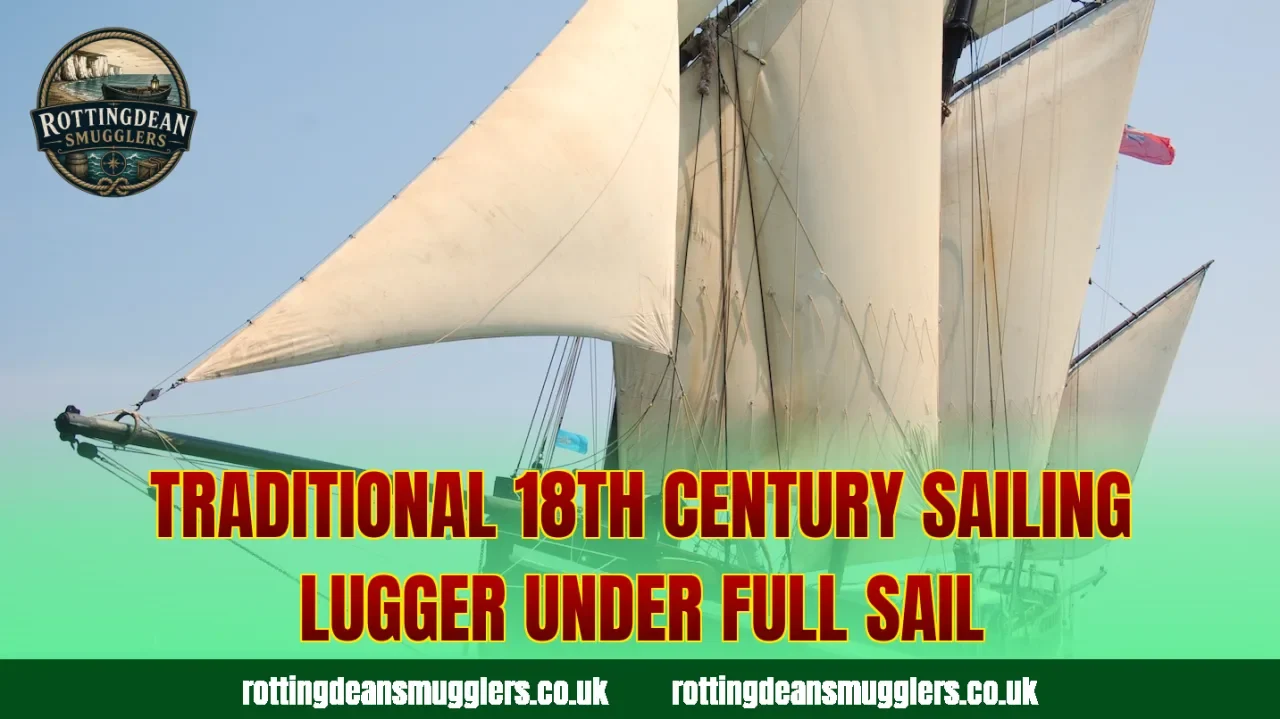 Traditional 18th century sailing lugger under full sail