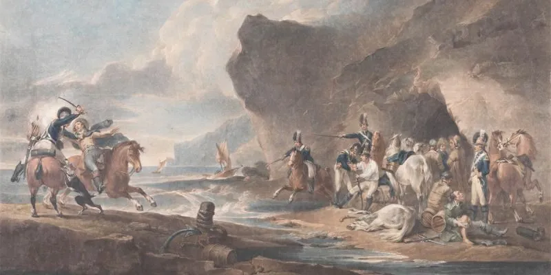 An eighteenth-century customs scene illustrating the taxation and inspection of imported goods in Britain.